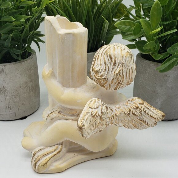 BEIGE White Gold Chalkware Bisque Cherub Candle Stick Holder - Picture 5 of 7